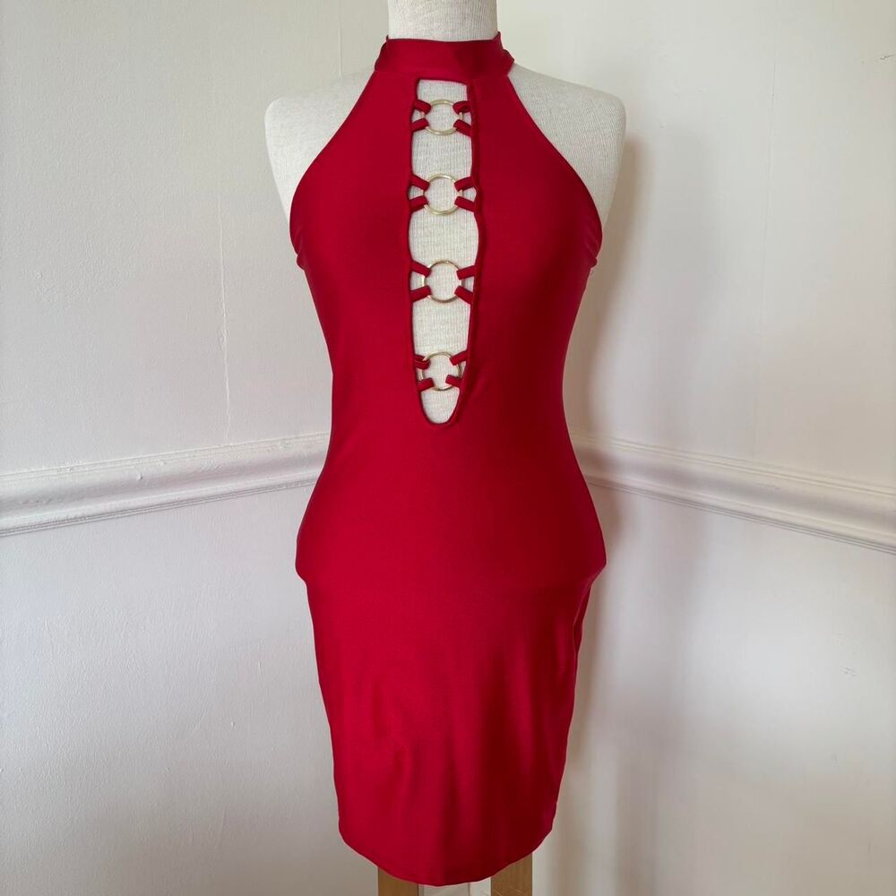 FN red halter o-ring halter neck bodycon dress